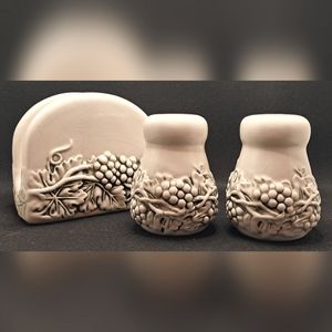 3pc Ceramic Salt & Pepper Shakers & Napkin Holder Cream & Green Grape Vines
